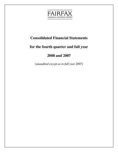 Thumbnail Fairfax Financial
 Quarterly Report 2008-q4