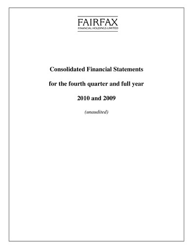 Thumbnail Fairfax Financial
 Quarterly Report 2010-q4