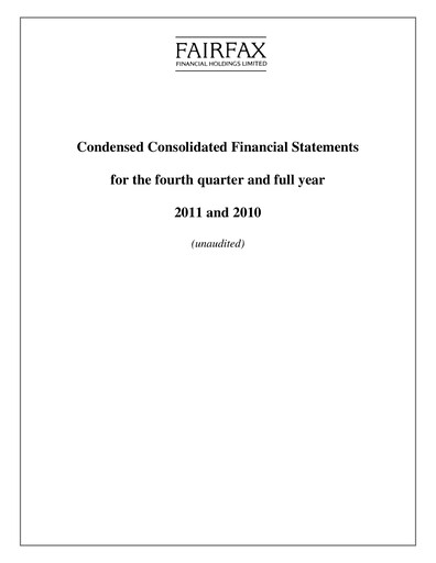 Thumbnail Fairfax Financial
 Quarterly Report 2011-q4