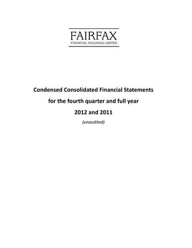 Thumbnail Fairfax Financial
 Quarterly Report 2012-q4
