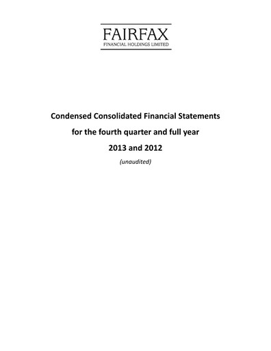 Thumbnail Fairfax Financial
 Quarterly Report 2013-q4