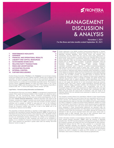 Thumbnail Frontera Energy Quarterly Report 2021-q3