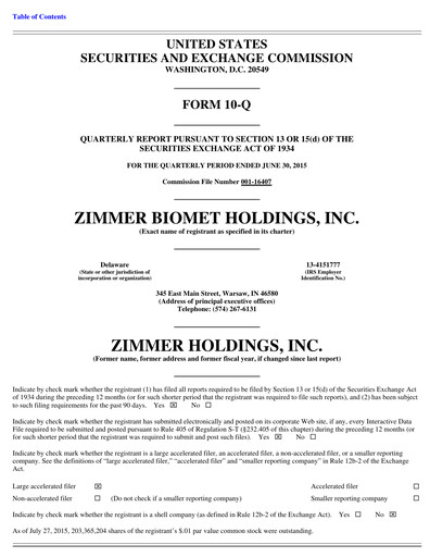 Thumbnail Zimmer Biomet Quarterly Report 2015-q2