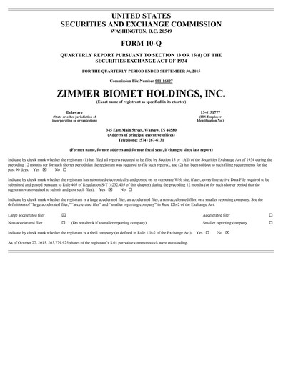 Thumbnail Zimmer Biomet Quarterly Report 2015-q3