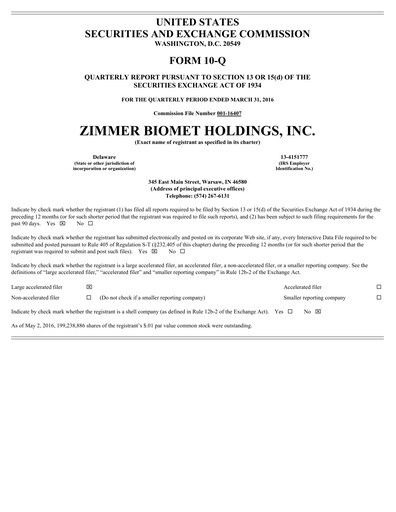 Thumbnail Zimmer Biomet Quarterly Report 2016-q1