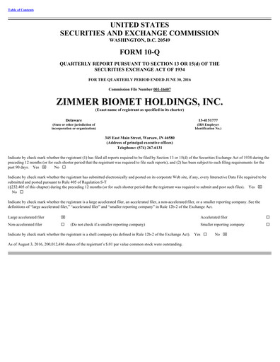 Thumbnail Zimmer Biomet Quarterly Report 2016-q2