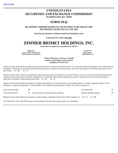Thumbnail Zimmer Biomet Quarterly Report 2016-q3