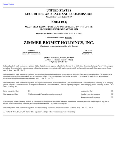 Thumbnail Zimmer Biomet Quarterly Report 2017-q1