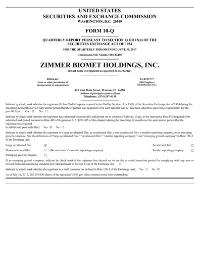 Thumbnail Zimmer Biomet Quarterly Report 2017-q2
