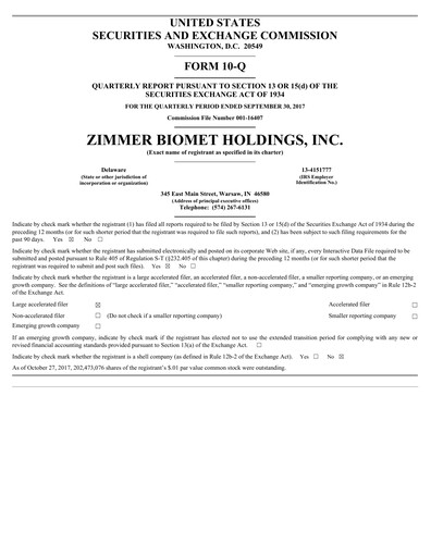 Thumbnail Zimmer Biomet Quarterly Report 2017-q3