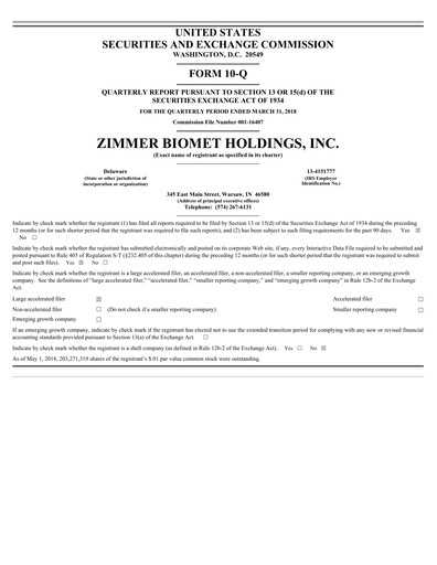 Thumbnail Zimmer Biomet Quarterly Report 2018-q1