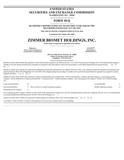 Thumbnail Zimmer Biomet Quarterly Report 2018-q2