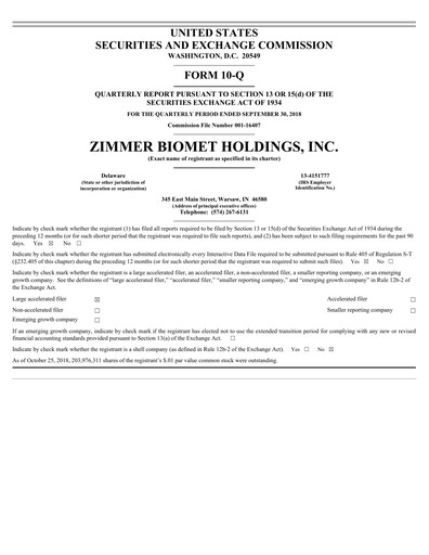 Thumbnail Zimmer Biomet Quarterly Report 2018-q3