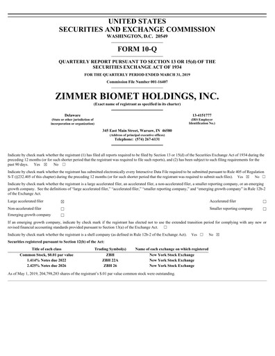 Thumbnail Zimmer Biomet Quarterly Report 2019-q1