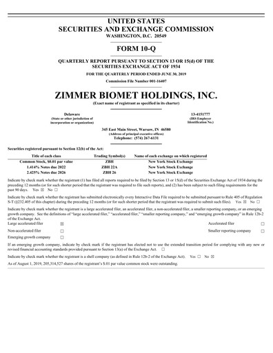 Thumbnail Zimmer Biomet Quarterly Report 2019-q2