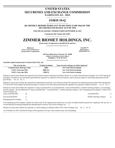 Thumbnail Zimmer Biomet Quarterly Report 2019-q3
