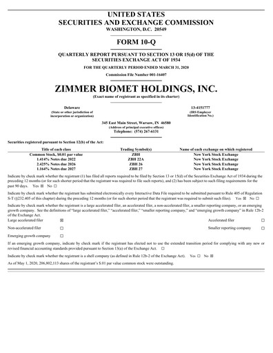 Thumbnail Zimmer Biomet Quarterly Report 2020-q1