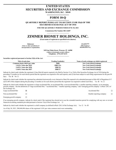 Thumbnail Zimmer Biomet Quarterly Report 2021-q2