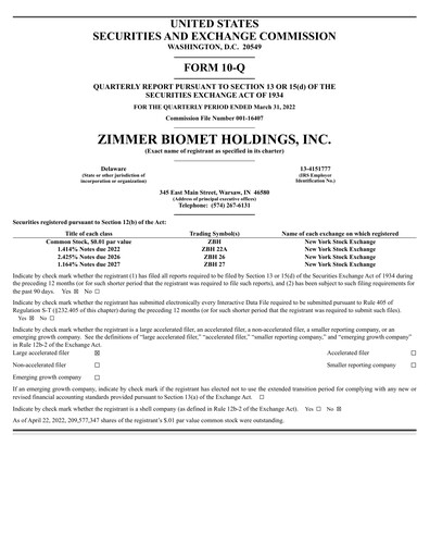 Thumbnail Zimmer Biomet Quarterly Report 2022-q1