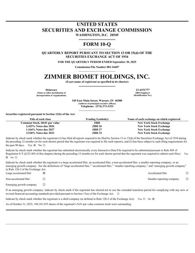 Thumbnail Zimmer Biomet Quarterly Report 2025-q3