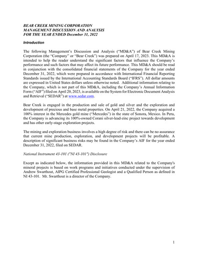 Miniature Bear Creek Mining Rapport annuel 2022