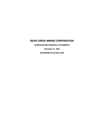 Miniature Bear Creek Mining Bilan financier 2020