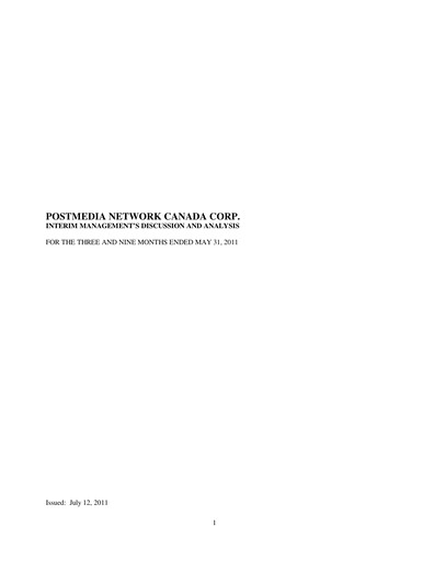Thumbnail Postmedia Network Canada Quarterly Report 2011-q3