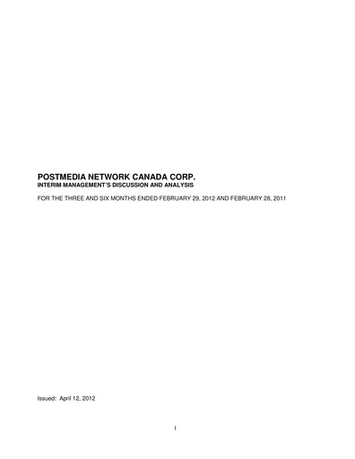 Thumbnail Postmedia Network Canada Quarterly Report 2012-q2