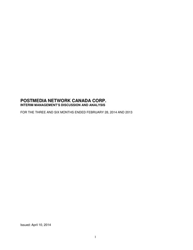 Thumbnail Postmedia Network Canada Quarterly Report 2014-q2