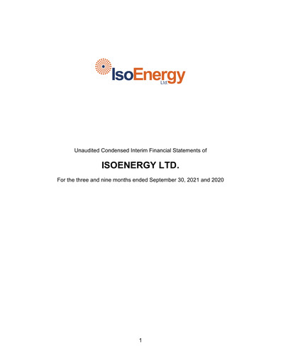 Thumbnail IsoEnergy Financial Statement 2021-9m