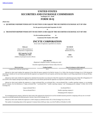 Thumbnail Incyte Quarterly Report 2022-q3