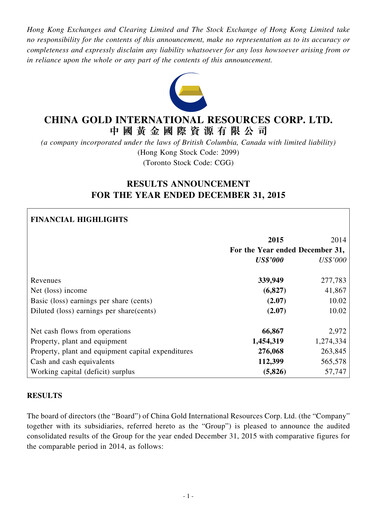Thumbnail China Gold International Resources Financial Report 2015