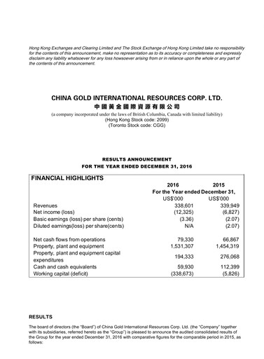 Thumbnail China Gold International Resources Financial Report 2016