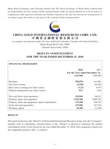 Thumbnail China Gold International Resources Financial Report 2018