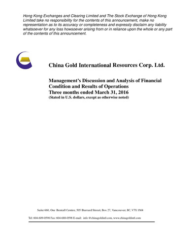 Thumbnail China Gold International Resources Quarterly Report 2016-q1
