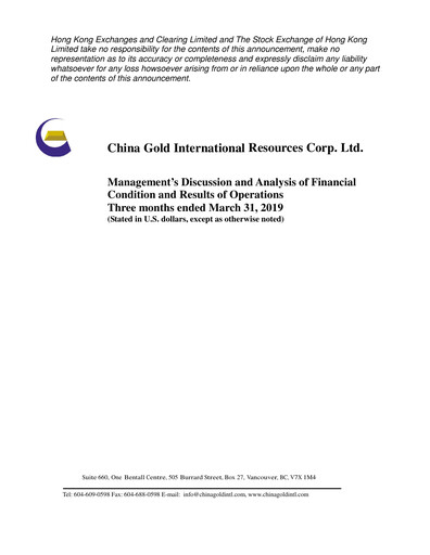 Thumbnail China Gold International Resources Quarterly Report 2019-q1