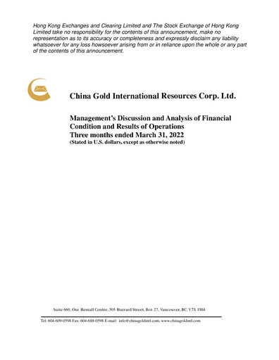 Thumbnail China Gold International Resources Quarterly Report 2022-q1