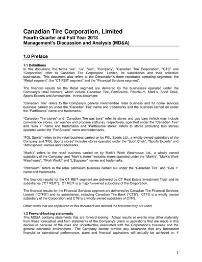 Miniature Canadian Tire Bilan financier 2013