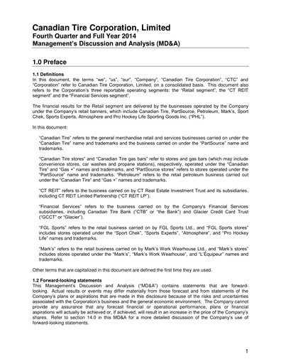 Miniature Canadian Tire Bilan financier 2014