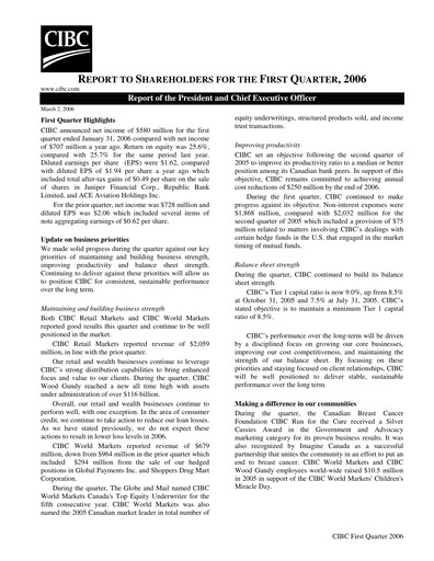 Thumbnail CIBC (Canadian Imperial Bank of Commerce) Quarterly Report 2006-q1