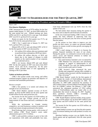 Thumbnail CIBC (Canadian Imperial Bank of Commerce) Quarterly Report 2007-q1
