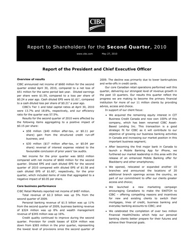Thumbnail CIBC (Canadian Imperial Bank of Commerce) Quarterly Report 2010-q2