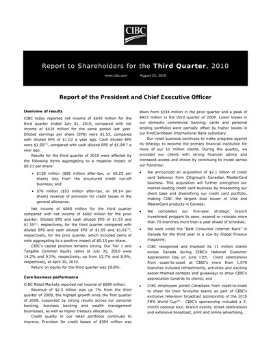 Thumbnail CIBC (Canadian Imperial Bank of Commerce) Quarterly Report 2010-q3