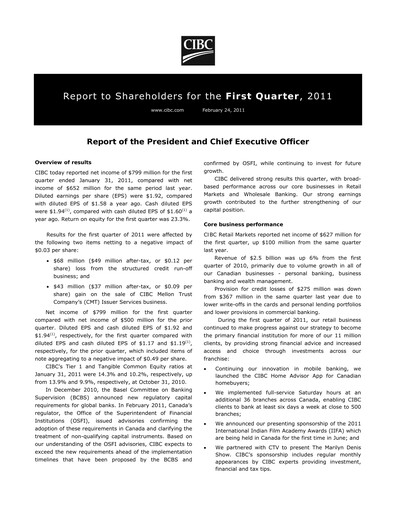 Thumbnail CIBC (Canadian Imperial Bank of Commerce) Quarterly Report 2011-q1
