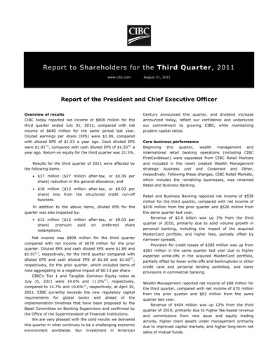 Thumbnail CIBC (Canadian Imperial Bank of Commerce) Quarterly Report 2011-q3