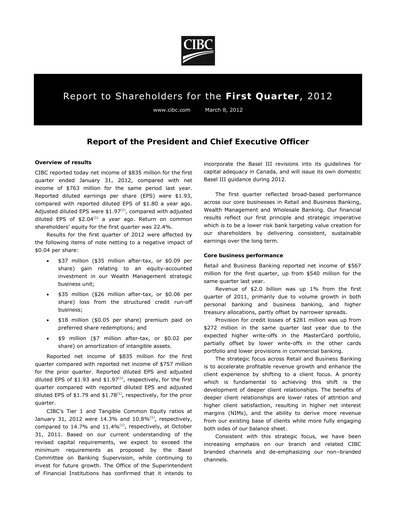 Thumbnail CIBC (Canadian Imperial Bank of Commerce) Quarterly Report 2012-q1