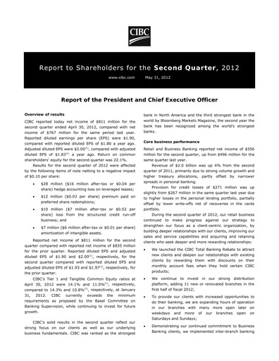 Thumbnail CIBC (Canadian Imperial Bank of Commerce) Quarterly Report 2012-q2