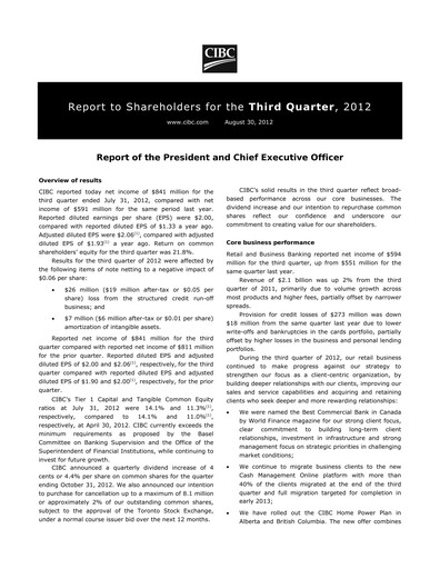Thumbnail CIBC (Canadian Imperial Bank of Commerce) Quarterly Report 2012-q3