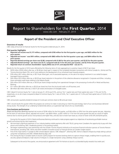 Thumbnail CIBC (Canadian Imperial Bank of Commerce) Quarterly Report 2014-q1