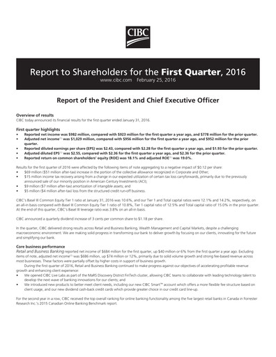 Thumbnail CIBC (Canadian Imperial Bank of Commerce) Quarterly Report 2016-q1